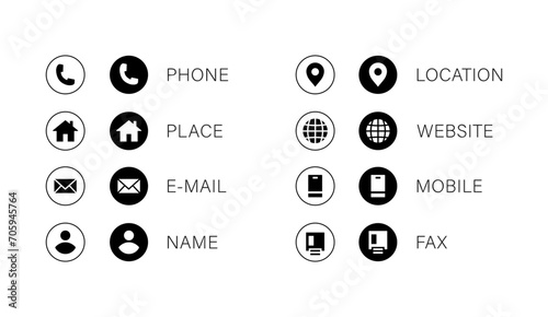 Business card icons. set of black and white rounded button contact us icons isolated on white background includes phone, place, e-mail, location, website, mobile and fax icon