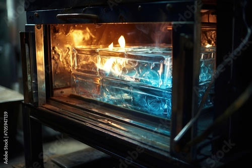  Glass molds in kiln with flames and smoky atmosphere.