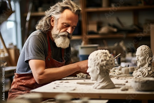Bearded sculptor intently carving a detailed bust in a clay studio, surrounded by sculptures