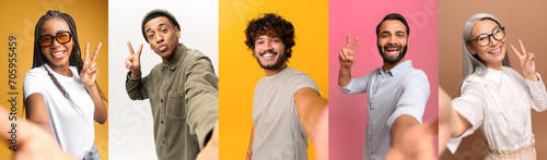 A series of individual self-portraits featuring five different people, each making a peace sign with their hand. This collage exudes a carefree and joyful vibe, with each person against colorful wall
