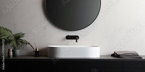 Minimal bathroom design featuring a round sink basin on white marble counter, black taps on a grey wall, with a mirror, linear LED light, and modern accessories