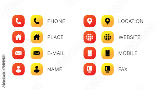 Business contact information icon set. gradient square button business card Icons include phone, place, e-mail, location, website, mobile and fax icon
