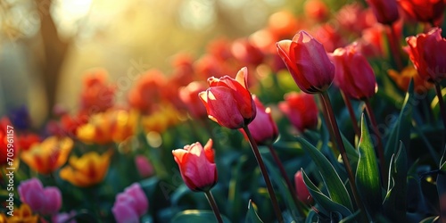 tulips with sun and clear morning sky, in the style of pastel color schemes