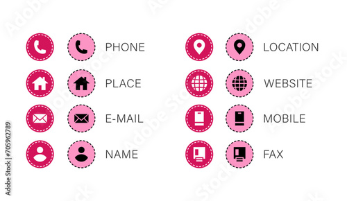 Business contact information icon set. rounded button business card icons with outline and colorful background include phone, place, e-mail, location, website, mobile and fax icon