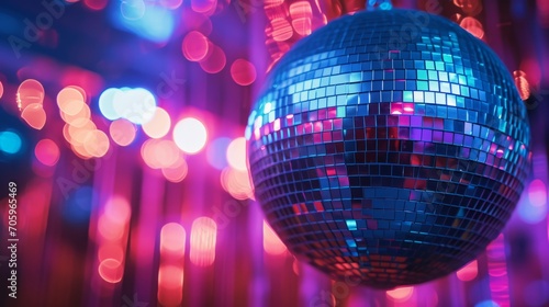 Close-Up Of Shiny Disco Ball. Mirror ball on colorful background