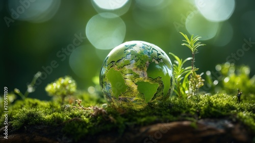 Transparent earth globe with green plant on the tropical rainforest blur background. Generate AI