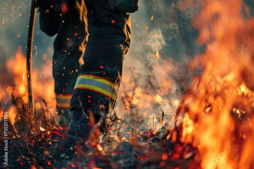 Close-up brave firefighter in uniform protects nature from burning flames