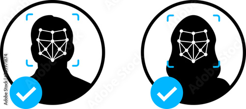 Face ID icon. Face identification. Identification of a person. Face scanning process. Biometric verification Facial recognition system, identification face identity detection. Vector illustration