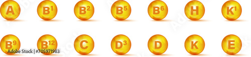 Set of Multi Vitamin complex icons. Multivitamin supplement. Vitamin A, B group B1, B2, B3, B5, B6, B9, B12, C, D, D3, E, K, H, K1, PP. Essential vitamin complex. Healthy life concept