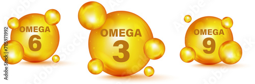 Vector omega acids. Polyunsaturated fatty Omega-3, Omega-6, Omega-9. Set of gold drops icons Omega Three, Six And Nine. Omega fatty acid, epa, dha. Healthy food supplements fatty acid, fish oil