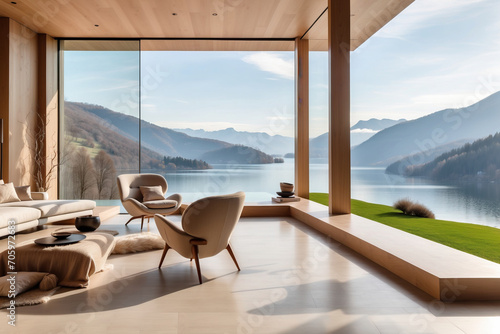 Lujosa casa de arquitectura moderna en la montaña, de líneas rectas, con vistas a un increíble lago natural