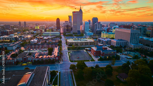Aerial Golden Hour Cityscape with Skyscrapers in Indianapolis