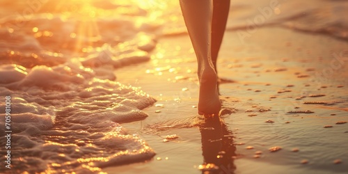 Barefoot walking on the shore in the morning