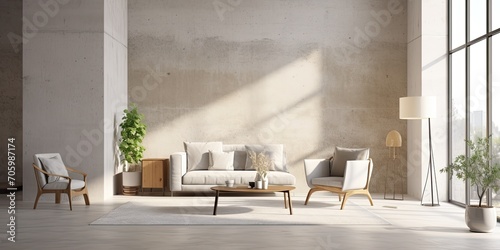 Large, white loft-style living room furnished with a big white chair, wooden table, floral arrangements in a vase, a lamp, and a carpet, with concrete walls for mockups and copy space.