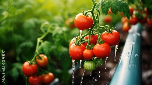 Fresh and vibrant tomatoes growing on a drip irrigation system. Generative AI.