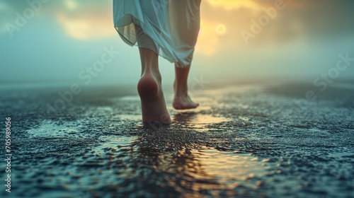 Lonely woman in nighty walking barefoot along wet road in foggy morning, back view, close-up legs