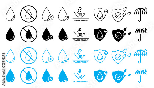 waterproof shield vector icon set. water resistant symbol in black and blue. corrosion resist sign. leakproof fabric icon. rain protection emblem. block rain water symbol.