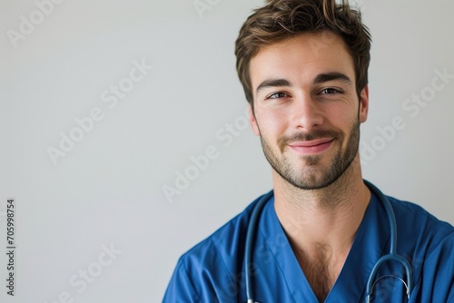 Compassionate portrait of a male nurse, caring and empathetic, white background