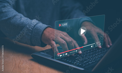 Businessman watching live multimedia video content streaming for online business. Video streaming on internet concept, Live digital stream multimedia player, Marketing technology and advertising.
