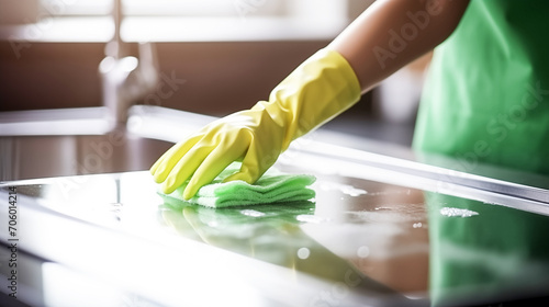 A woman in rubber gloves cleans a kitchen surface with detergent. Cleanliness and order in the house