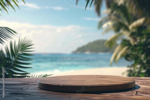 Wooden podium for product display on the tropical beach background