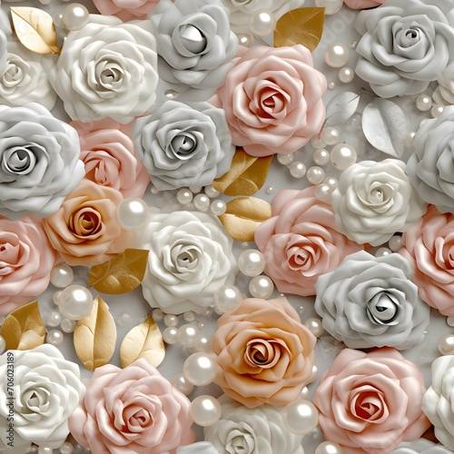 colourful 3d seamless wedding roses and glistening pearls patterns, blush, silver, wihte and gold colors
