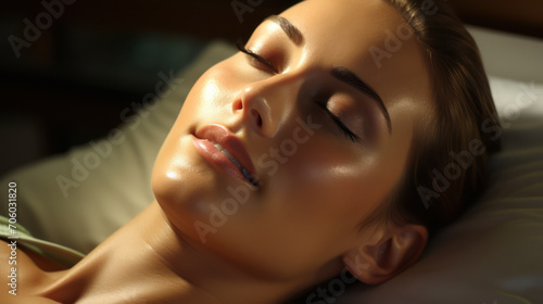 Gentle sunlight caresses a woman's face during a serene spa moment