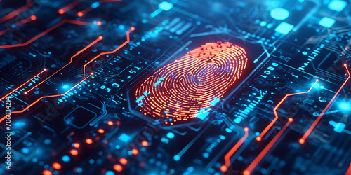 Uso de tecnologia biométrica para acesso seguro, como scanners de reconhecimento de impressões digitais ou faciais. A cena comunica o papel da biometria em aprimorar as medidas de segurança
