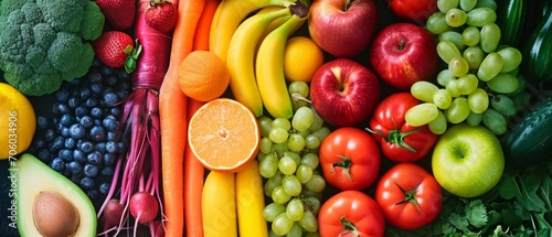 Assortment of fresh organic fruits and vegetables in rainbow colors