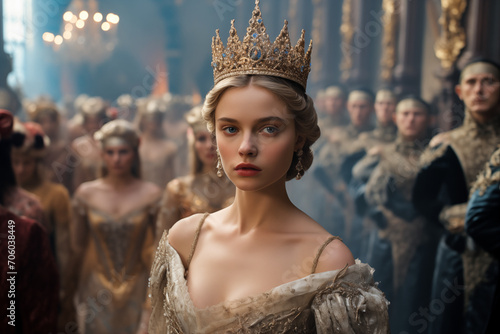 A young queen with a crown, surrounded by her courtiers in the hall of a royal castle. The image captures the beauty, royalty, nobility, and elegance of the monarch in her kingdom