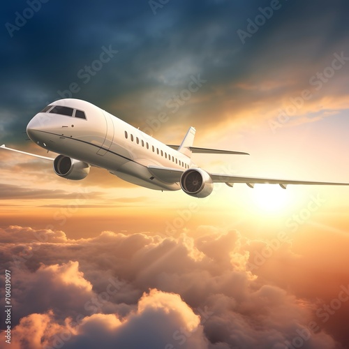 Business travel concept.Generic design of white luxury private jet flying in blue sky at sunset