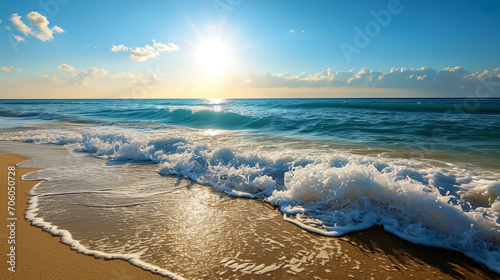 A idyllic view of the beach on a warm day: golden sand, drowning in the gentle waves of the blue o