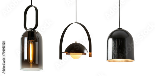Set of modern pendant lamps, industrial style over isolated transparent background