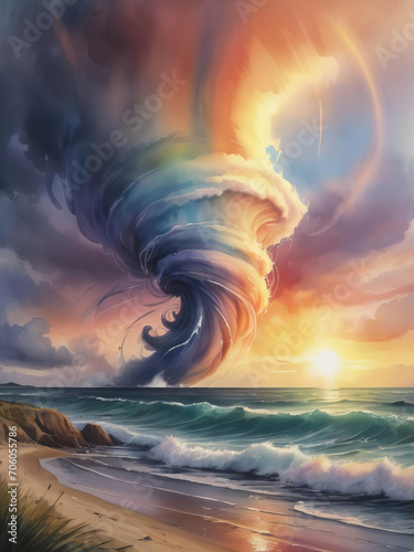 Colorful Waterspout Whirling Off the Coast - Whimsical Watercolor Painting with Playful Splashes Gen AI