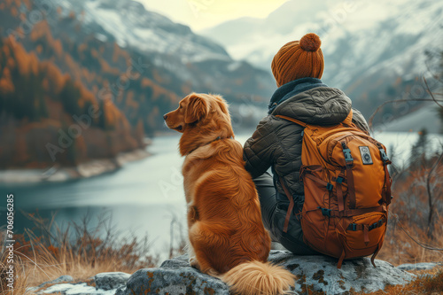Male hiker and his pet dog admiring a scenic view from a mountain top. Adventurous young man with a backpack. Hiking and trekking on a nature trail. Traveling by foot.