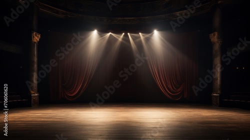 A vacant theatre stage with a single spotlight directed at the center AI generated illustration