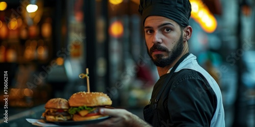 the waiter carries a burger Generative AI