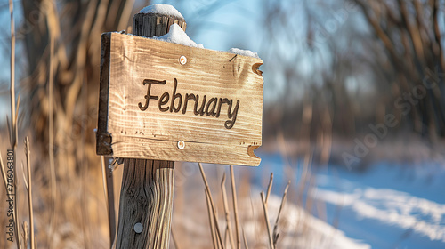 雪が積もる街道にある「February」と書いてある木の板の看板、2月