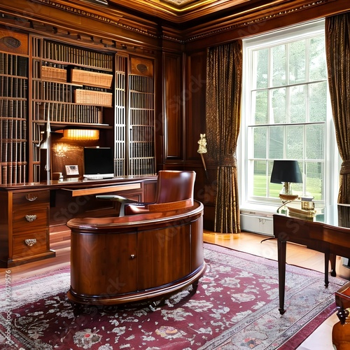 A traditional English-style study with rich mahogany furniture and leather armchairs2