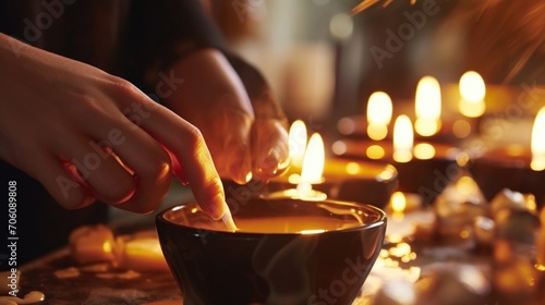 Closeup of a candle makers hands gently dipping a wick into a pot of melted wax, creating a new candle.