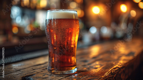 Cold beer in a glass, close up in a dark pub with a sunset light on it. Beer banner.