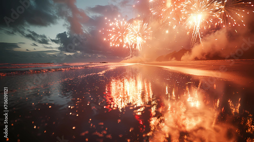 fireworks exploding over the beach