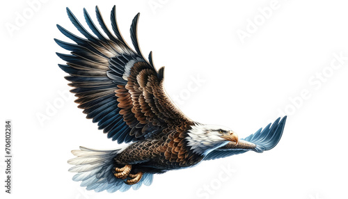 Watercolor illustration of bald eagle flying and wings wide spread isolated on transparent background.