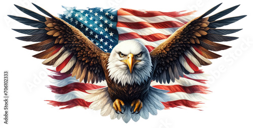 Watercolor American bald eagle flying in front of the American flag isolated on transparent background.