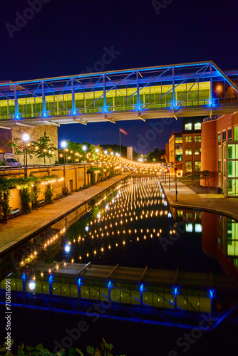Indianapolis Urban Nightscape Illuminated Pedestrian Bridge and Canal Reflections