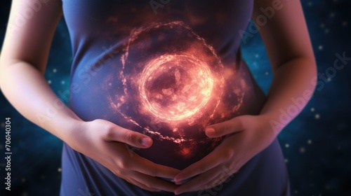 A closeup photo of a pregnant womans belly, gently cradling a growing embryo and showcasing the miraculous beginning of new life.