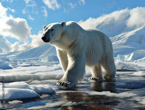 A polar bear searches for food on the ice at the North Pole.