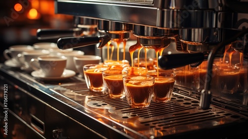 preparing espresso in his coffee shop with a coffee machine