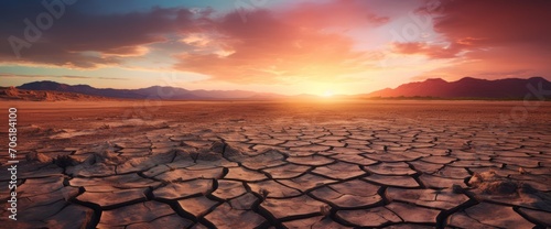 Global warming concept.Soil drought cracked landscape on sunset sky.Dry cracks in the land, serious water shortages.Drought concept. 