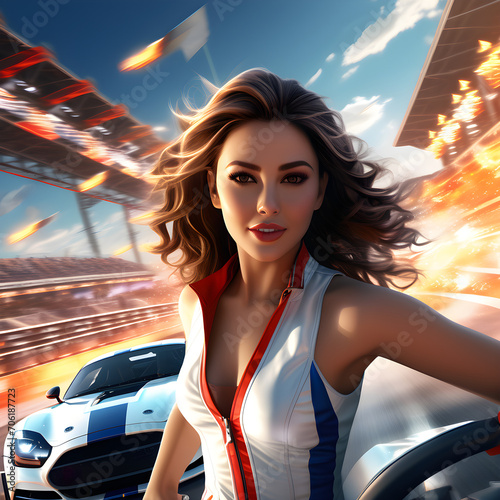 A racing girl and a high-performance car, highlighting the sense of motion and speed.